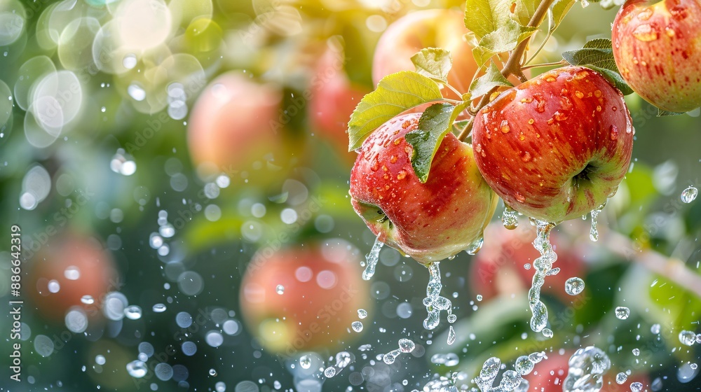 Poster fuji apples falling into water with an orchard in the background, blending nature and freshness stoc