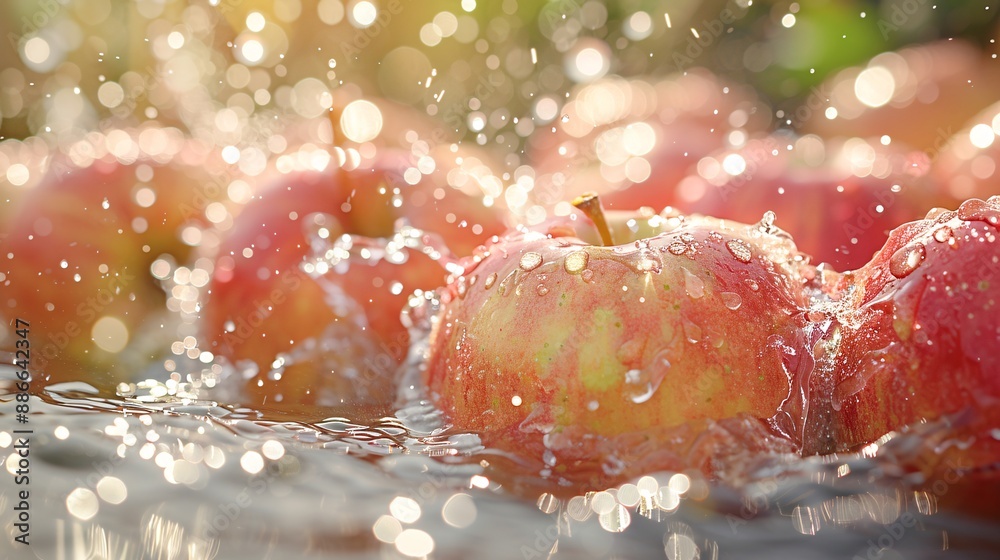 Poster People picking apples in an orchard with a focus on Granny Smith apples being splashed with water for a refreshing effect Stock Photo with copy space