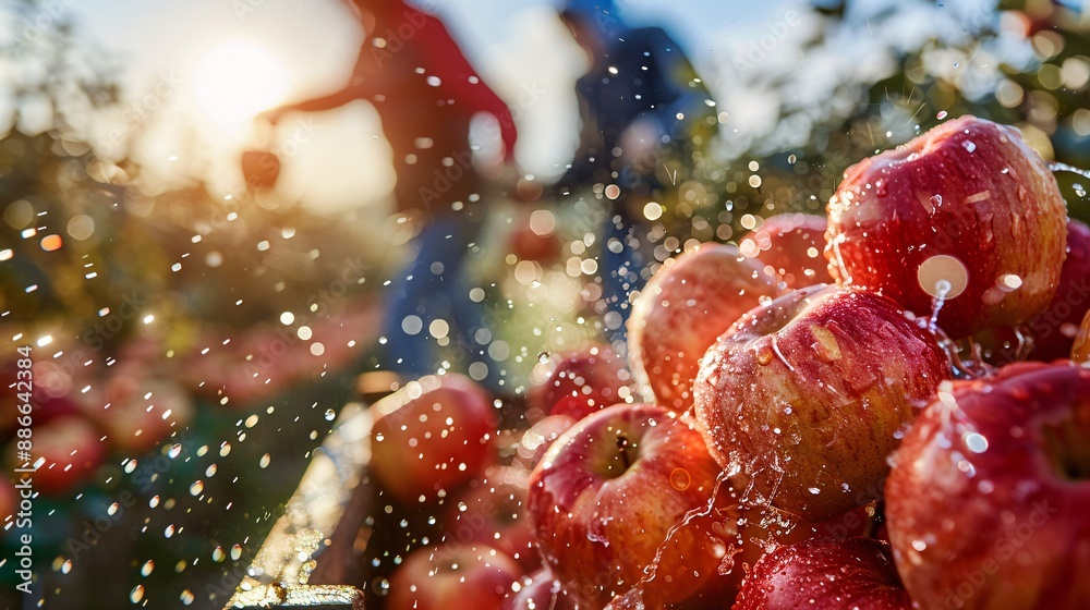 Poster People picking apples in an orchard with a focus on Granny Smith apples being splashed with water for a refreshing effect Stock Photo with copy space