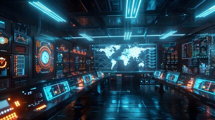 Futuristic Control Room with Holographic Displays and Assistants for Business Networking and Communication