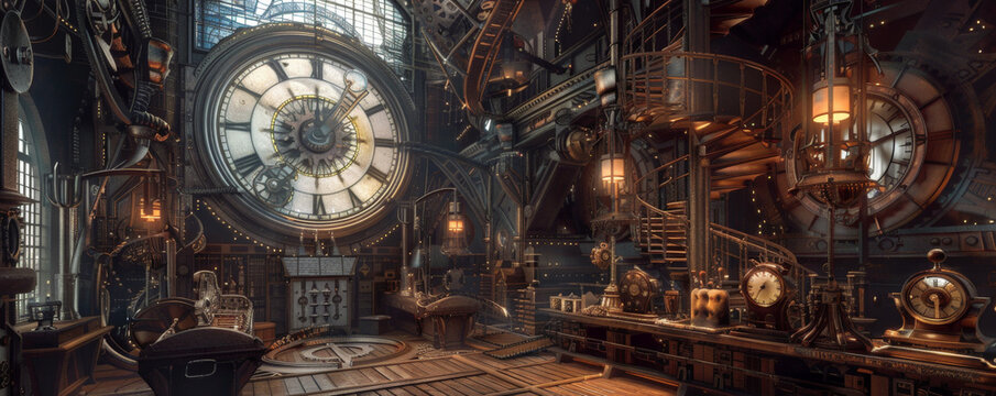 A steampunk clock tower interior, with a giant clock face, intricate gears, and a spiral staircase leading to the top. The room is filled with the sound of ticking and whirring.