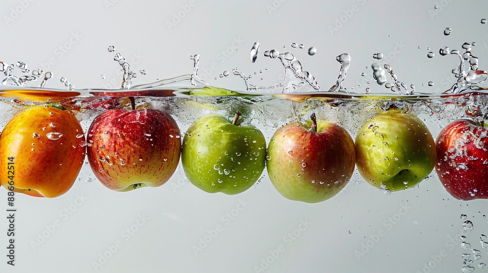 Poster a variety of apples including red delicious and fuji, floating and splashing in water against a sere