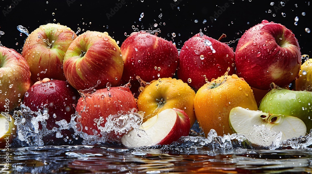 Poster Close up of apple slices from different varieties making splashes in water with a contrasting black background Stock Photo with copy space
