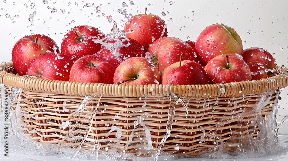 Poster A basket of freshly picked Fuji apples being washed with splashes of water against a white background emphasizing cleanliness and freshness Stock Photo with copy space