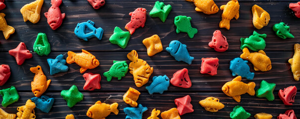 A macro view of a selection of cat treats, including fish-shaped snacks and crunchy bites, scattered on a dark wooden table. The vibrant treats add a pop of color to the scene.