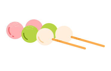Three colour Hanami dango dumplings. Traditional Japanese sweet dessert. Asian rice cake. Healthy, organic sweets. Popular spring dessert. Isolated vector illustration in cartoon style