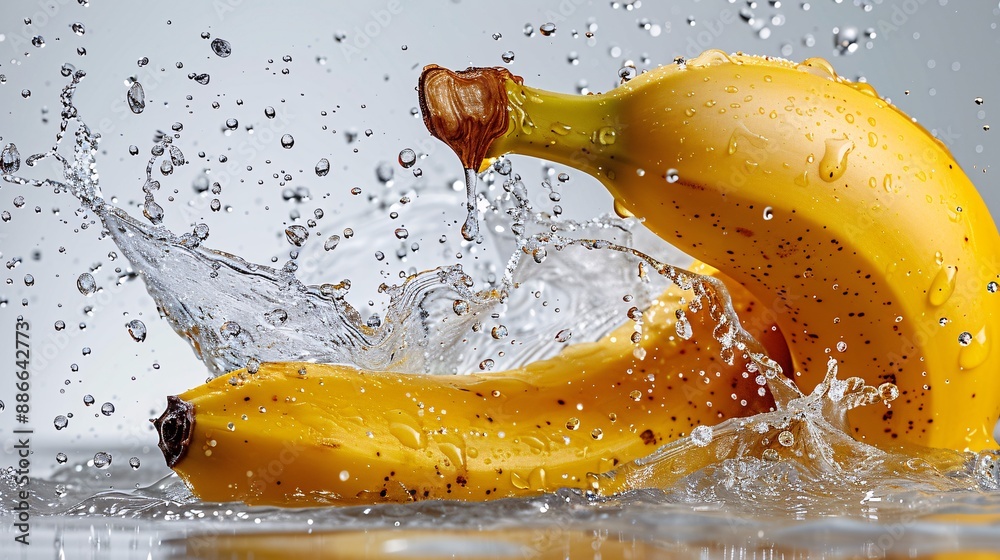 Poster close up of a whole cavendish banana splashing into clear water with droplets frozen mid-air against