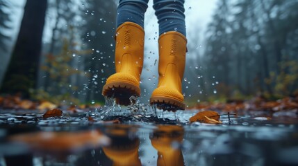 A close-up shot capturing the moment a child wearing vibrant yellow boots jumps into a water puddle, creating dynamic splashes around.