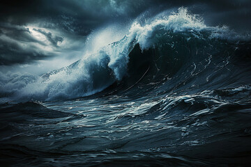 Generative ai on theme of a scary tsunami with huge foamy wave, apocalyptic dramatic background
