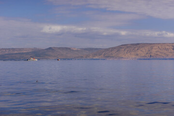 The panorama view of the Golan Heights, a conflict zone between Israel and Syria, on the shore of Sea of Galilee.
