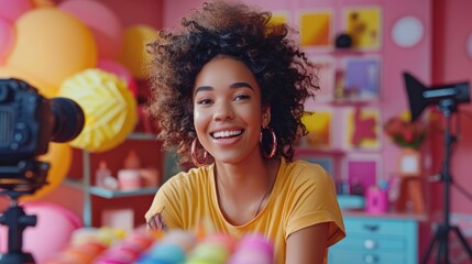 A beauty influencer creating a colorful product review video