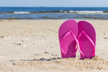 Accessories for relax on beach. Flip flop. Summertime