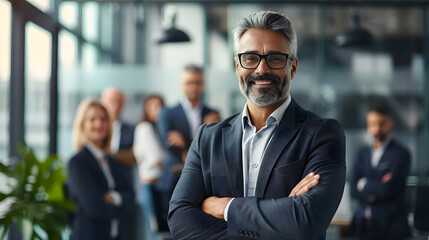 Fototapeta premium Smiling confident mature businessman leader looking at camera standing in office at team meeting. Male corporate leader ceo executive manager wearing glasses posing for business portrait arms folded.