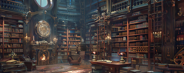 Fototapeta premium A steampunk library with towering bookshelves filled with ancient tomes and mechanical books. The room has a cozy reading nook with a brass clock and a fireplace.