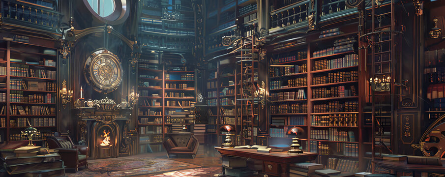 A steampunk library with towering bookshelves filled with ancient tomes and mechanical books. The room has a cozy reading nook with a brass clock and a fireplace.
