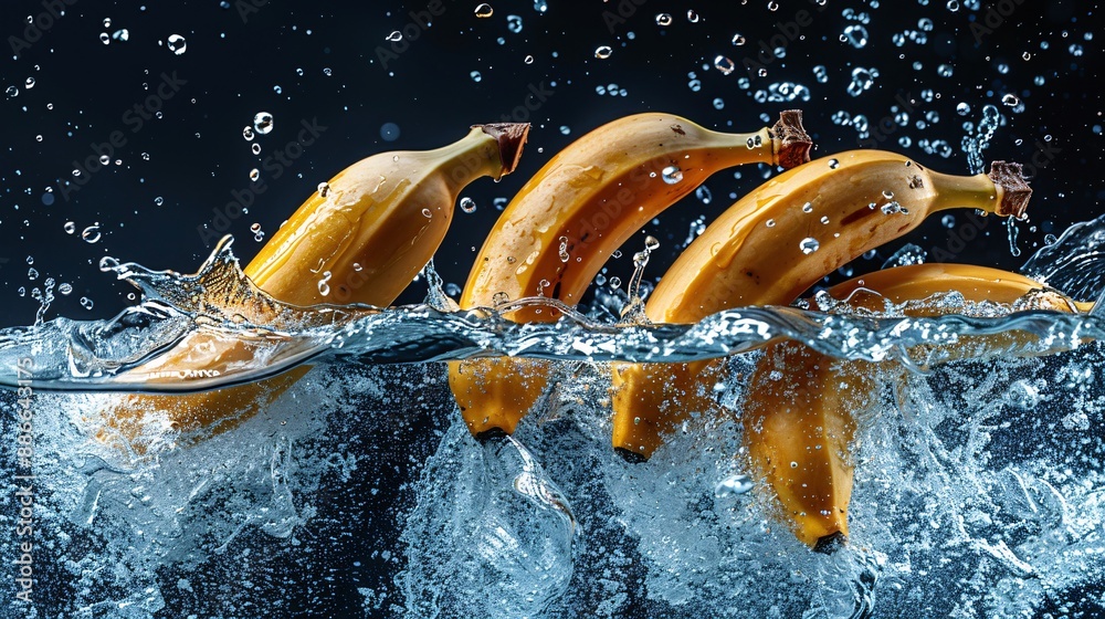 Poster whole plantain bananas floating and splashing in water against a serene black background stock photo