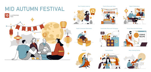 Fototapeta premium Mid Autumn Festival. Flat Vector Illustration