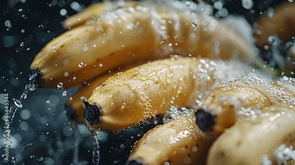 Poster a cluster of freshly picked cavendish bananas being washed with splashes of water against a black ba