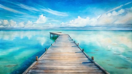 Serenity abounds in this calm seascape featuring a weathered wooden pier stretching into the distance, turquoise water, and a clear blue sky.