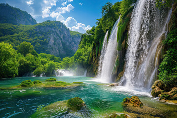 Naklejka premium Generative ai on theme of beautiful majestic waterfall in natural nature, national park attraction