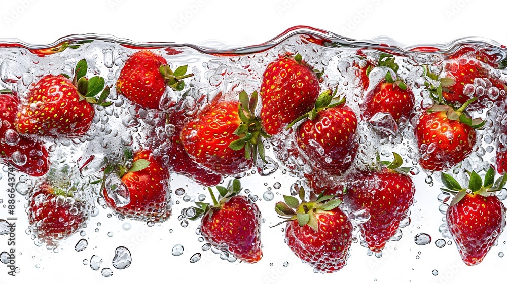 Poster whole garden strawberries splashing into clear water with vibrant red color against a white backgrou