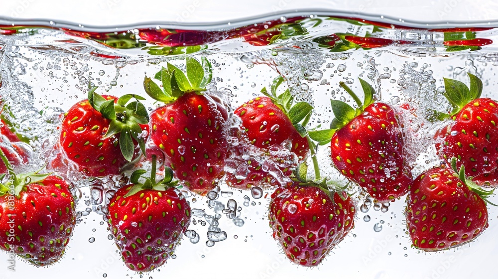 Poster whole garden strawberries splashing into clear water with vibrant red color against a white backgrou