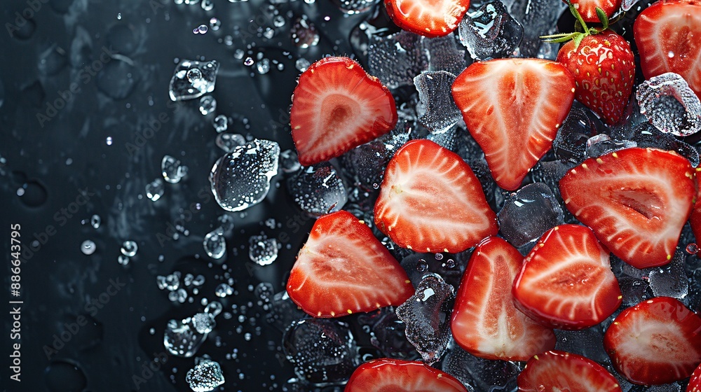 Poster Close-up of sliced strawberries making a dynamic splash in water with droplets frozen mid-air on a black background Stock Photo with copy space