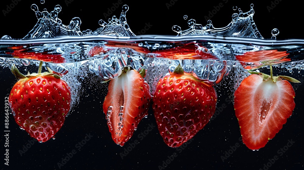 Poster Close-up of sliced strawberries making a dynamic splash in water with droplets frozen mid-air on a black background Stock Photo with copy space
