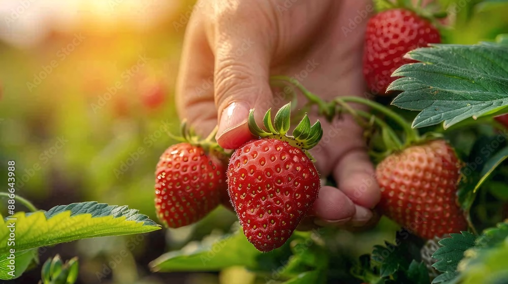 Aufkleber fresh strawberries being picked by hand in a sunny strawberry field with bright green leaves and red