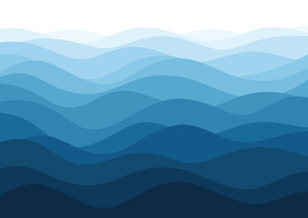Blue waves abstract gradual background illustrate the sea or ocean water surface, or mountain ranges and rolling hills silhouettes.
