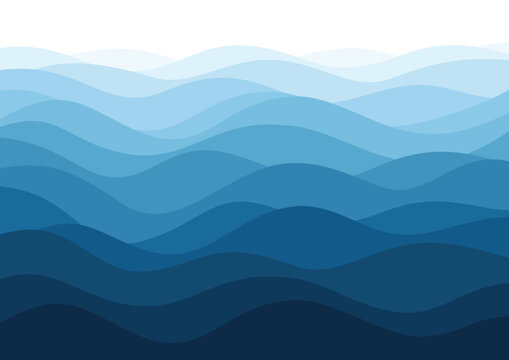 Blue waves abstract gradual background illustrate the sea or ocean water surface, or mountain ranges and rolling hills silhouettes.