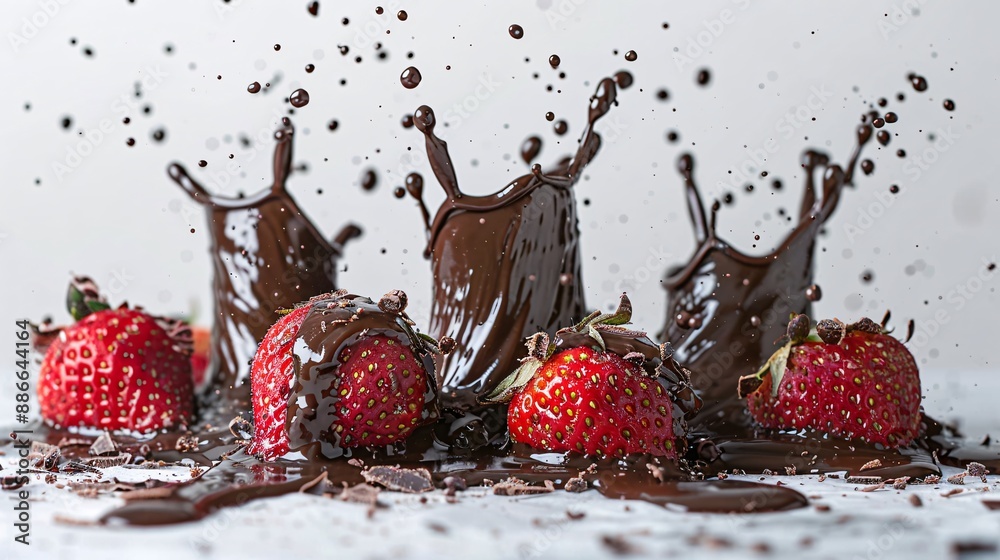 Poster close up of garden strawberries dipped in rich chocolate creating a mouth-watering splash effect aga