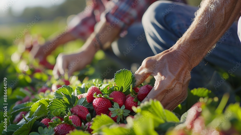 Poster people enjoying picking ripe strawberries in a lush green field with close up shots of their hands g