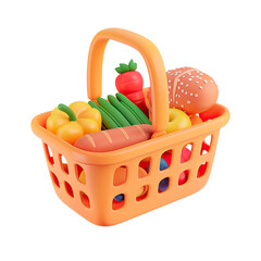 A 3D render basket full of fruits and vegetables, including carrots, apples, and bread on a cutout PNG transparent background
