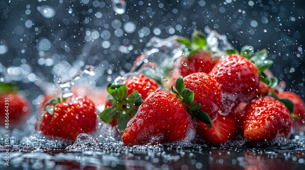 Poster a cluster of freshly picked strawberries being washed with splashes of water against a black backgro