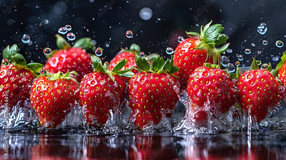 Poster a cluster of freshly picked strawberries being washed with splashes of water against a black backgro