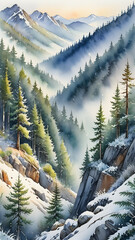 Watercolor illustration of forest and pine trees covered in fog and snow.