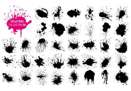 Vector black ink drops and paint splashes. Hand drawn design elements isolated on white background