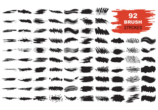 Vector collection of black watercolor brush strokes and splatters isolated on white background.