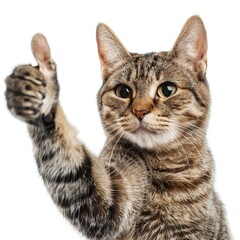 Obraz premium Brown cat giving thumbs up, isolated on white background.