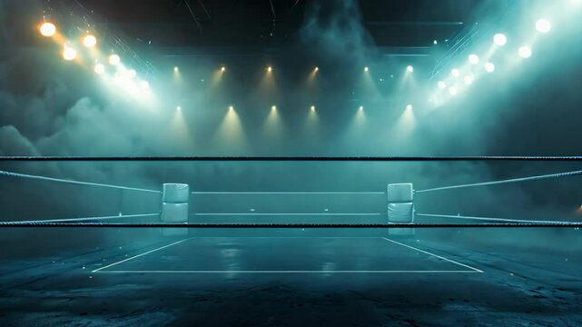 Professional boxing ring with spotlights and smokey background, martial arts sport