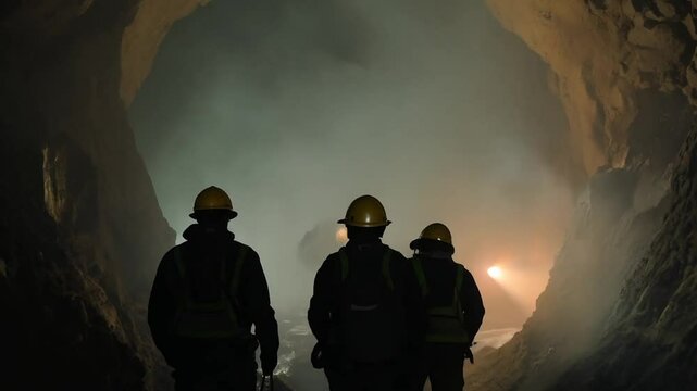 Coal miners going down a coal mine