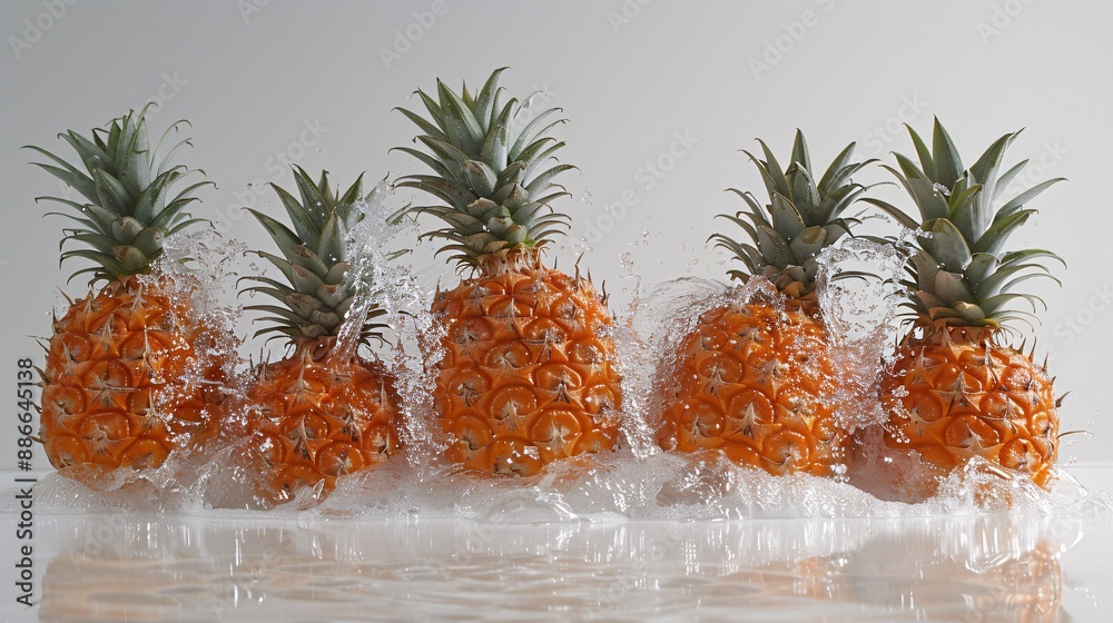 Poster a basket of whole smooth cayenne pineapples making a big splash in water captured with high-speed ph