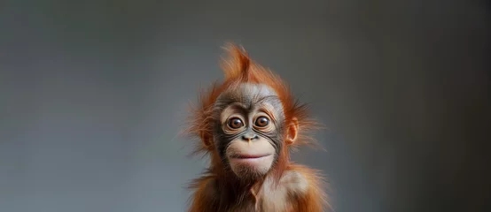  A baby monkey with adorable spiky hair is photographed in a studio setting with a neutral backdrop, emphasizing its features. © StockUp