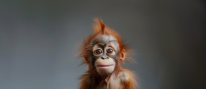 A baby monkey with adorable spiky hair is photographed in a studio setting with a neutral backdrop, emphasizing its features.