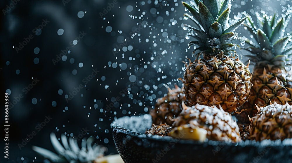 Poster a cluster of freshly picked pineapples being washed with splashes of water against a black backgroun