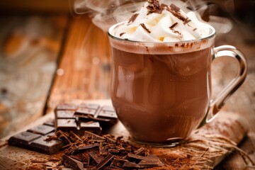Steaming mug of hot chocolate with whipped cream and chocolate shavings