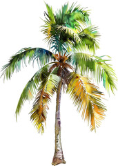 Coconut palm tree watercolor painting isolated on transparent background.