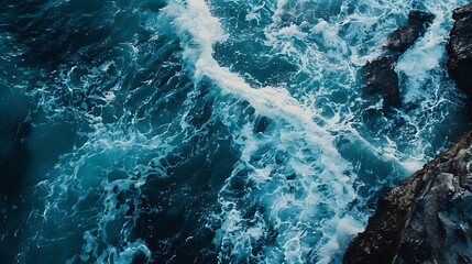 Obraz premium Aerial image of ocean waves crashing into a rocky coast, in deep sea blue and soft rose, ultra HD, minimalist and refreshing