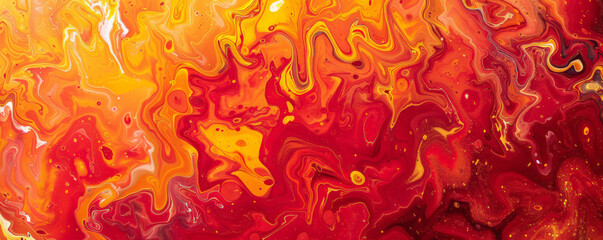 Abstract fluid art background featuring vibrant reds, oranges, and yellows blending seamlessly, creating a fiery and energetic scene with intricate swirls and marbling.